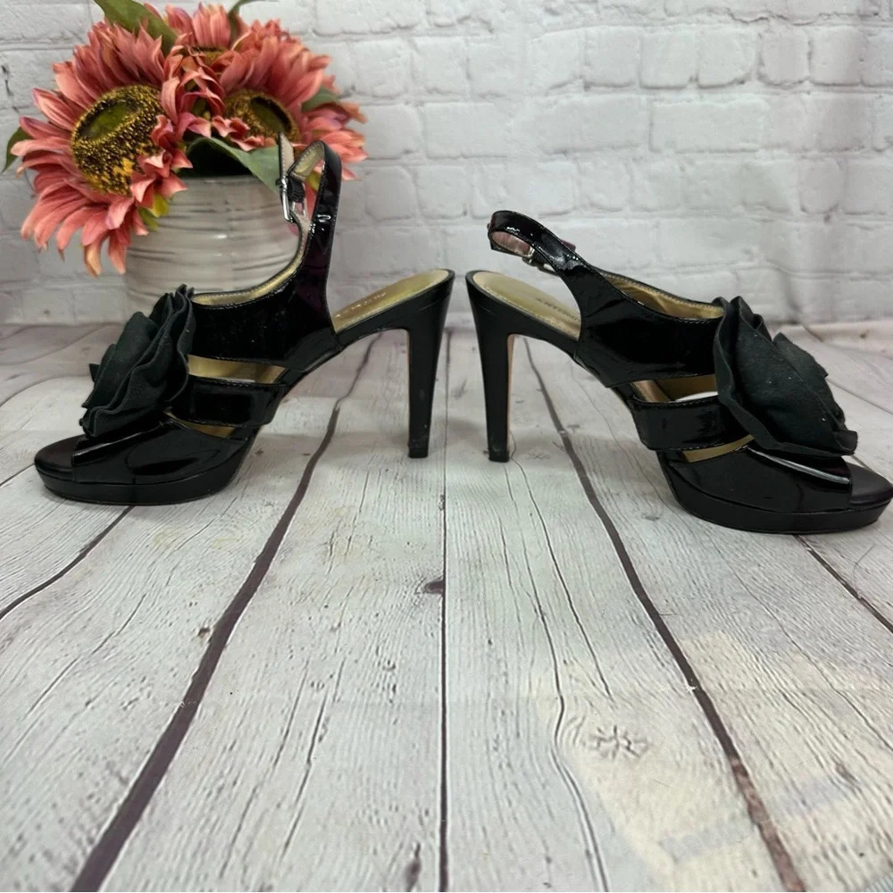 antonio melani black sling back leather heels with rose flower on toe sz 7.5 - Picture 3 of 8